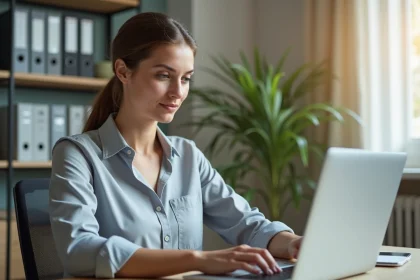 Contractuelle de l'académie de Nantes accédant à son webmail académique sur un ordinateur portable dans un bureau administratif