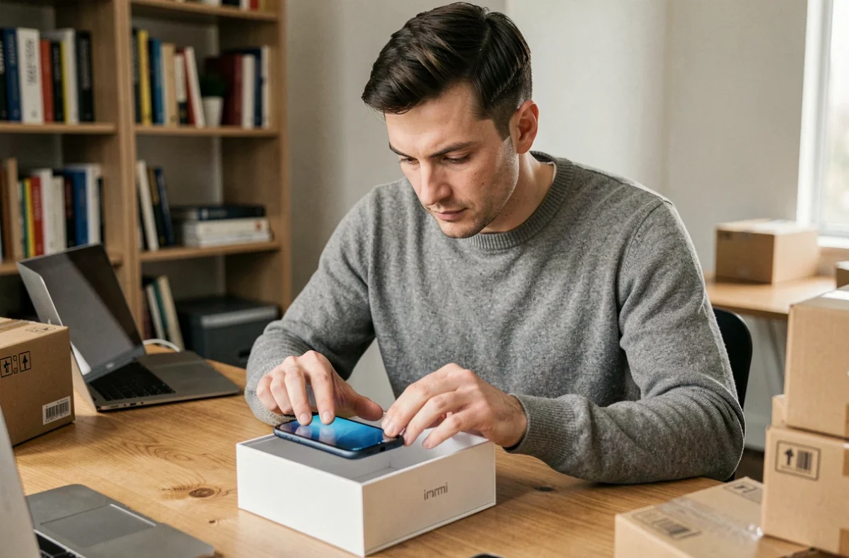 Homme examinant un smartphone Xiaomi importé sorti de sa boîte sur un bureau en bois