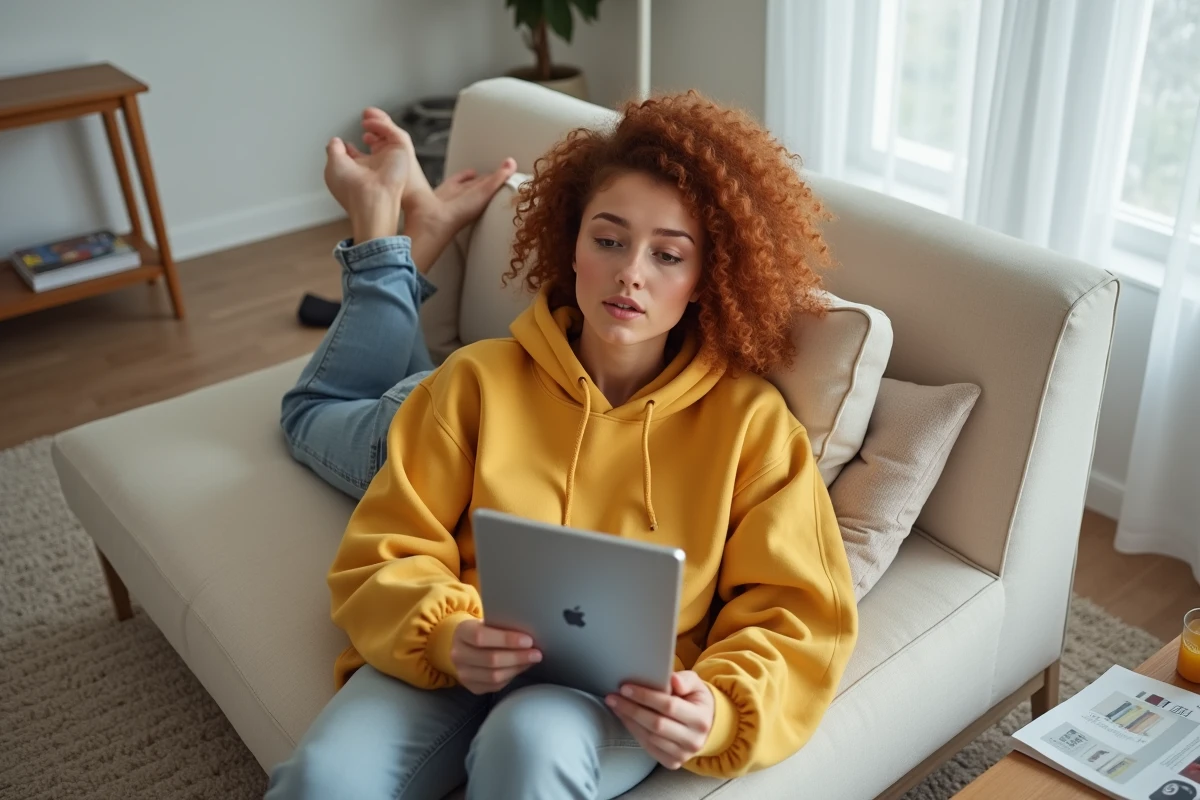 Jeune femme parcourant son activité Google sur une tablette allongée sur un canapé