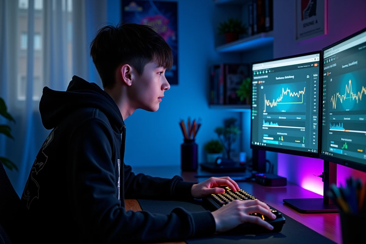 Adolescent concentré sur un test de vitesse de frappe clavier avec comparaison de scores d'amis en temps réel