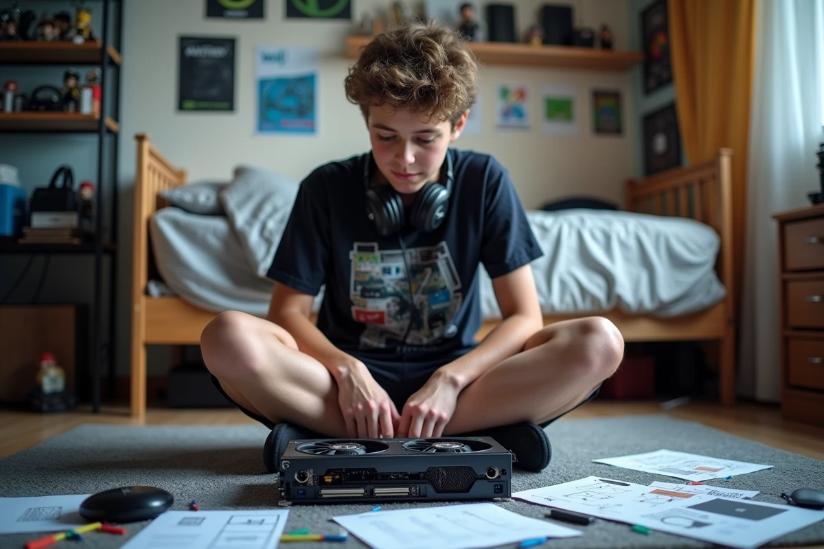 Adolescent passionné d'informatique étudiant une carte graphique démontée entouré de fiches techniques hardware