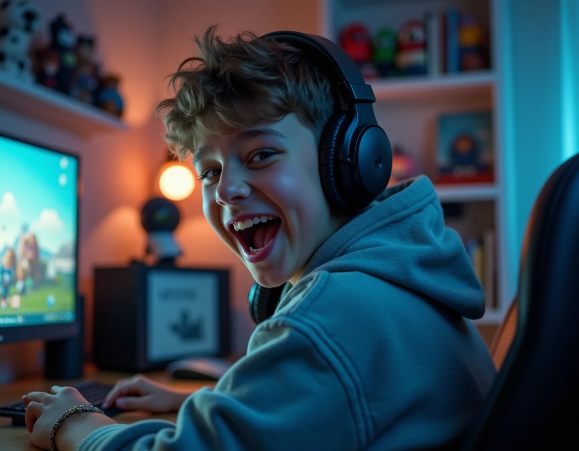Adolescent hilare devant son écran d'ordinateur après avoir découvert l'astuce Do a Barrel Roll