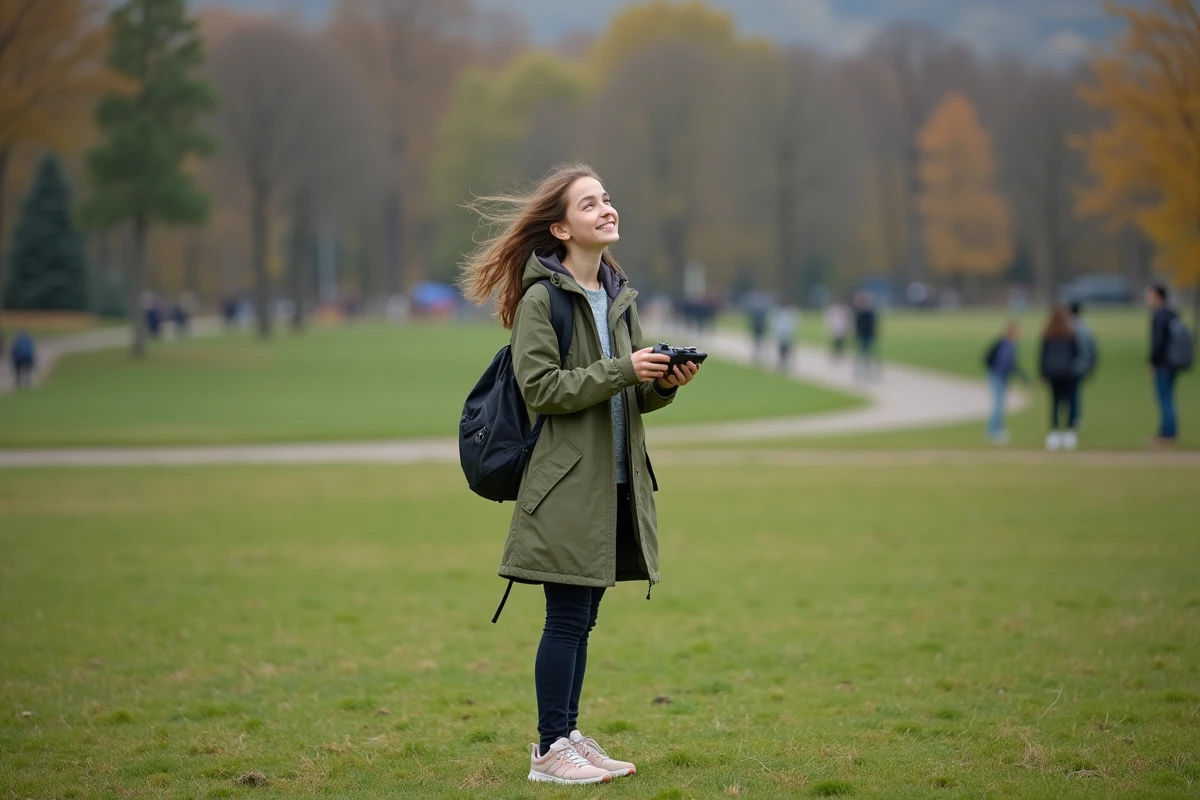 Adolescente tient un controleur de drone dans un parc