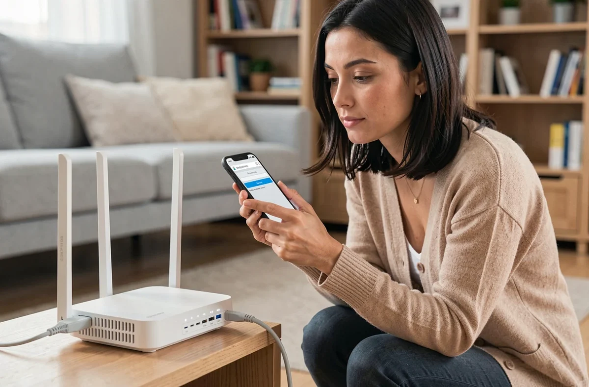 Femme consultant l'adresse IP de son routeur WiFi depuis son smartphone dans un salon moderne