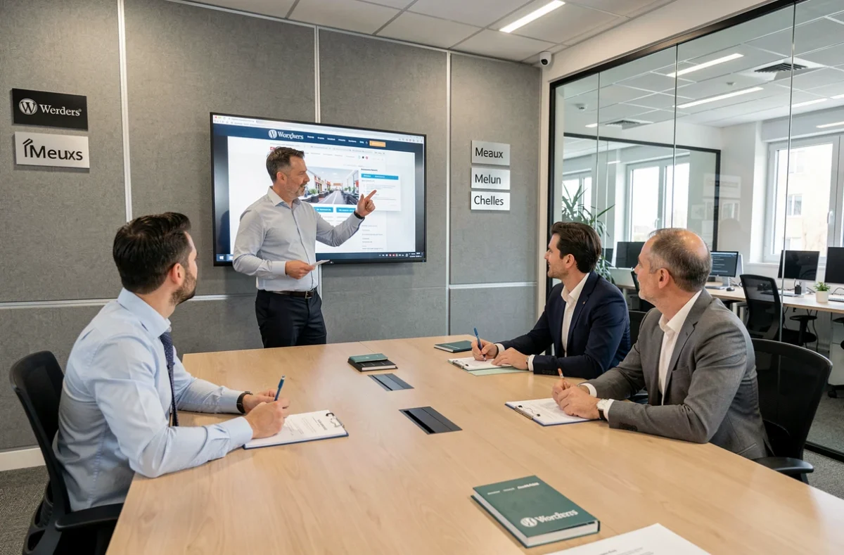 Réunion de présentation WordPress chez Agence2Web avec des professionnels représentant les bureaux de Meaux, Melun et Chelles