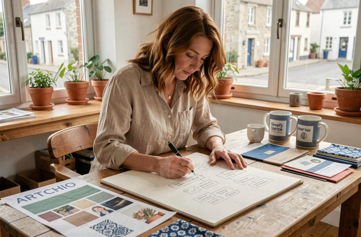 Stratège créative d'Artichio esquissant des concepts de boutiques Shopify dans un studio artisanal breton lumineux avec moodboards et matériaux naturels