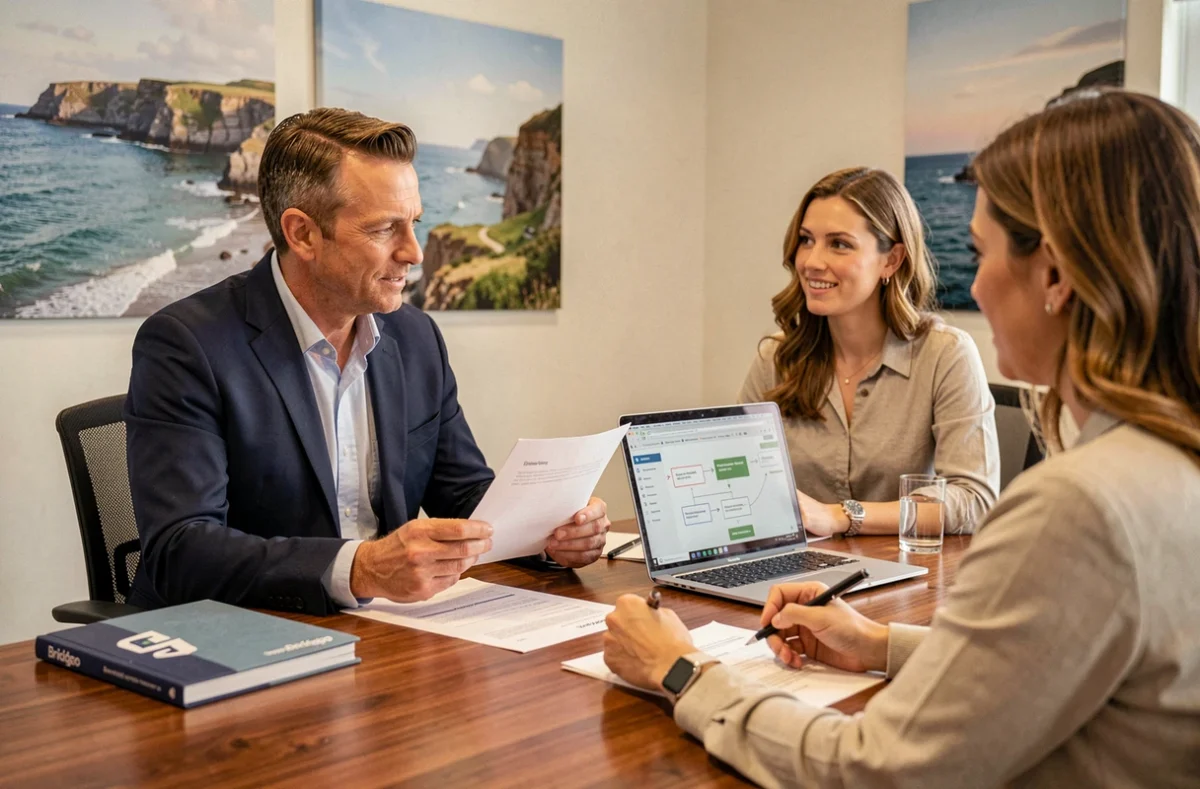 Consultant de Bridgeo en réunion avec des clients pour discuter d'une stratégie Shopify dans une salle de conférence aux références visuelles bretonnes