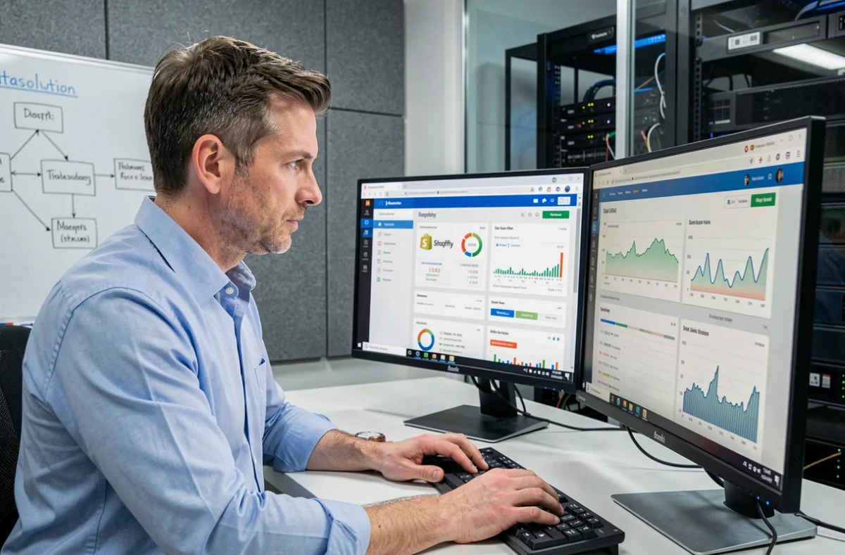 Analyste de Datasolution consultant des tableaux de bord Shopify et rapports de données sur un triple écran dans un bureau technique professionnel