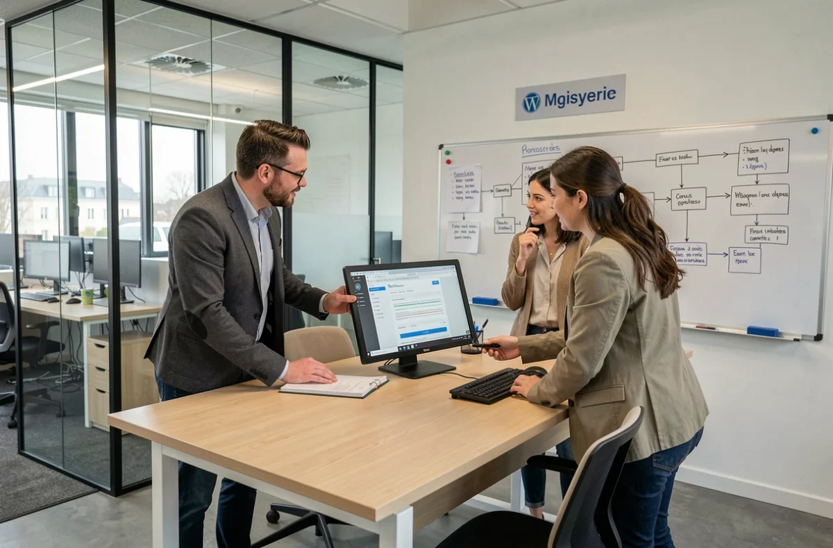 Équipe de l'agence Digeetal à Roissy-en-Brie discutant d'un projet WordPress autour d'une table de réunion moderne