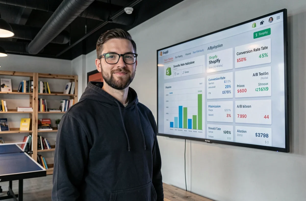Spécialiste marketing de Huggii debout devant un écran affichant des métriques d'optimisation Shopify dans un bureau open-space contemporain