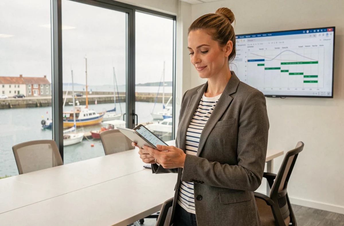 Chef de projet de Mig Agence tenant une tablette avec un planning Shopify dans une salle de réunion vitrée avec vue sur un port breton