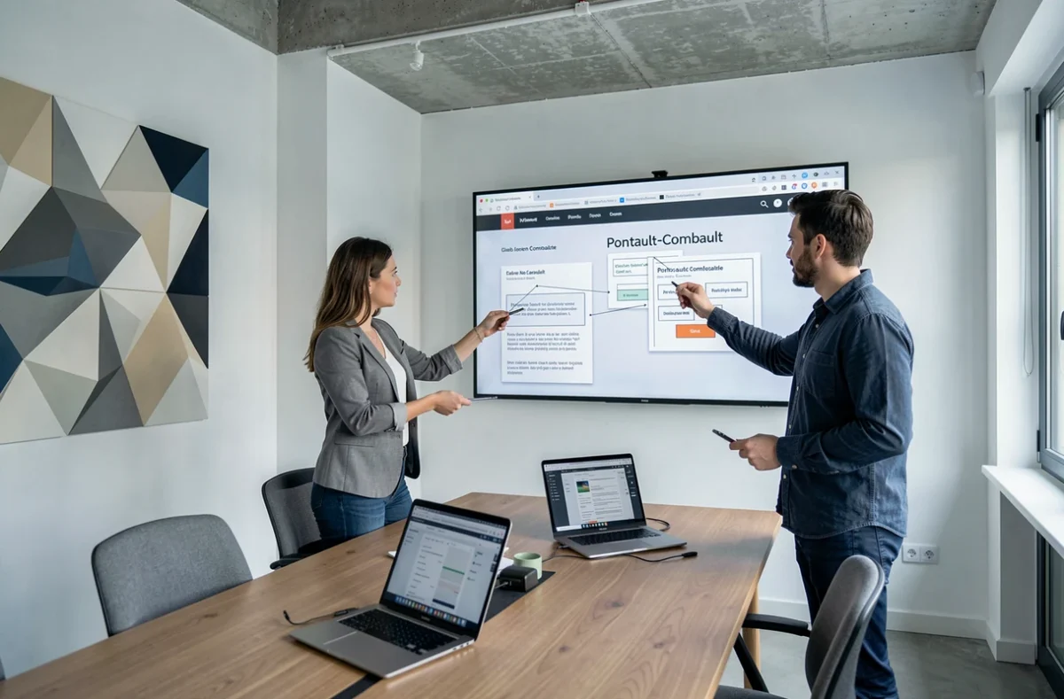 Équipe créative de l'agence Pixelys à Pontault-Combault collaborant sur des maquettes de sites WordPress dans un studio moderne