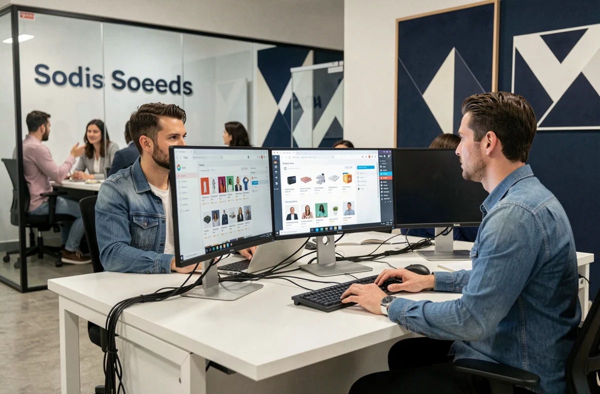 Développeurs de l'agence Soledis travaillant sur des interfaces Shopify dans un bureau professionnel moderne aux tons marine et blanc
