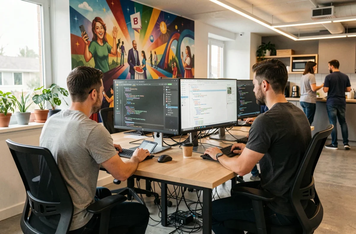 Développeurs de Spiriit travaillant sur du code Shopify personnalisé dans un open-space coloré aux références culturelles bretonnes