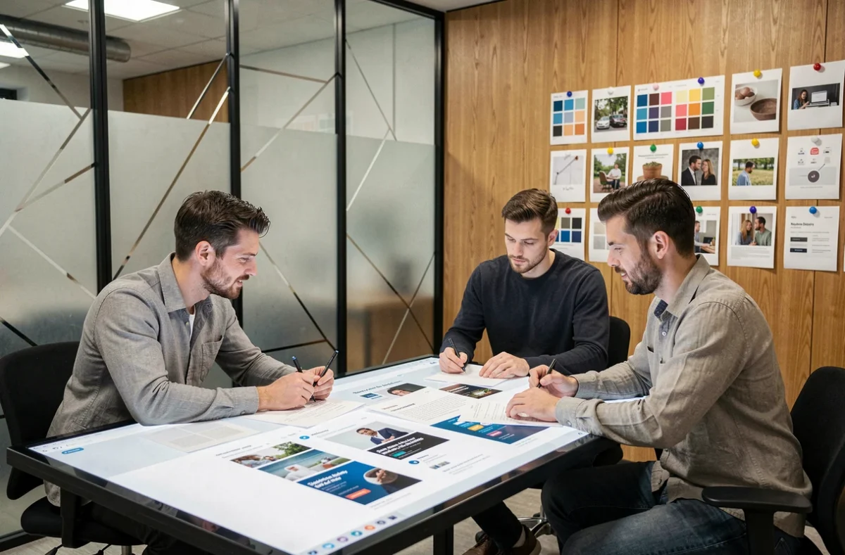 Équipe de Square Design réunie autour d'une table tactile pour analyser des wireframes et thèmes Shopify dans un studio au design épuré