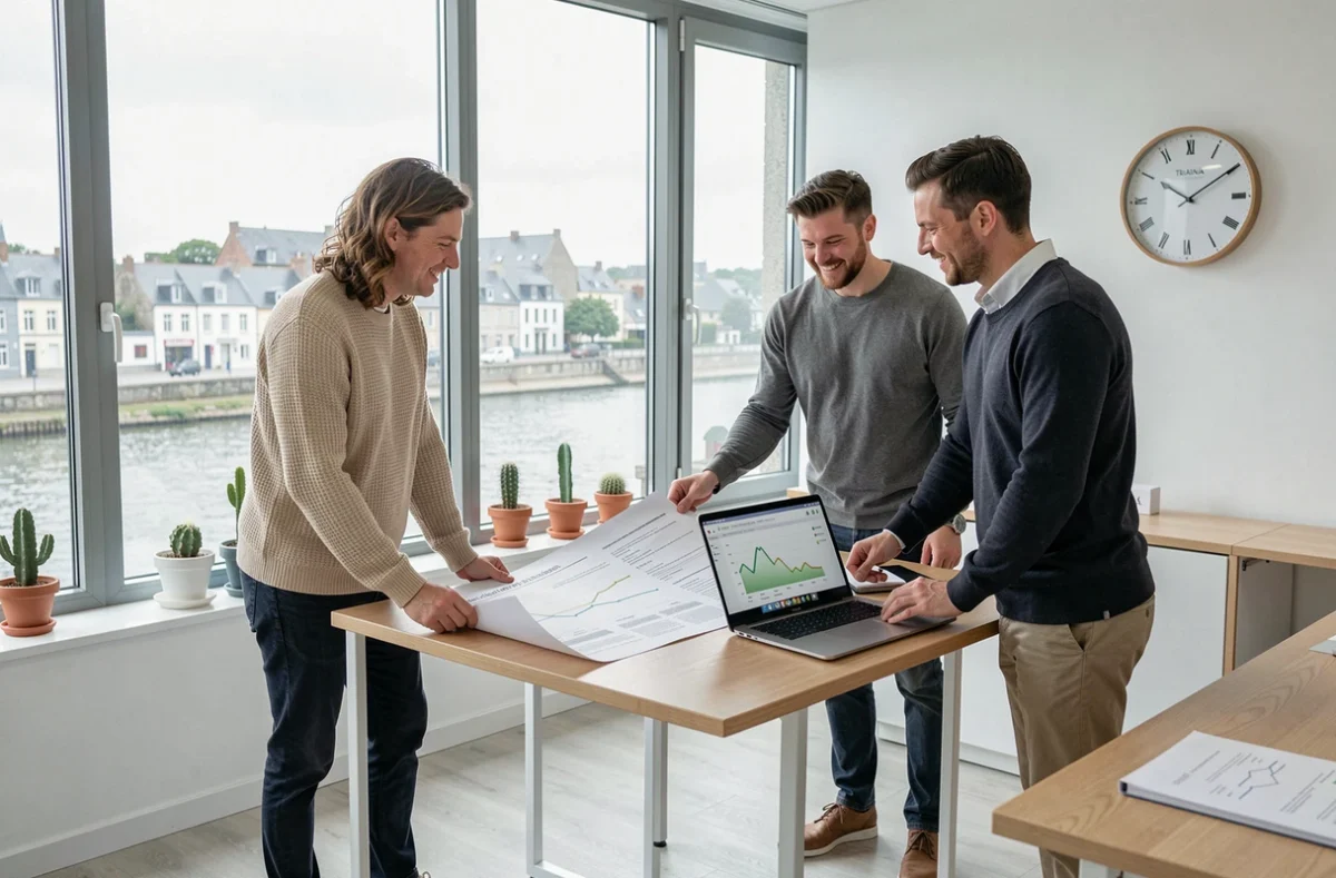 Équipe de Triaina réunie autour d'un audit Shopify imprimé dans un bureau contemporain avec vue sur une ville bretonne et sa rivière