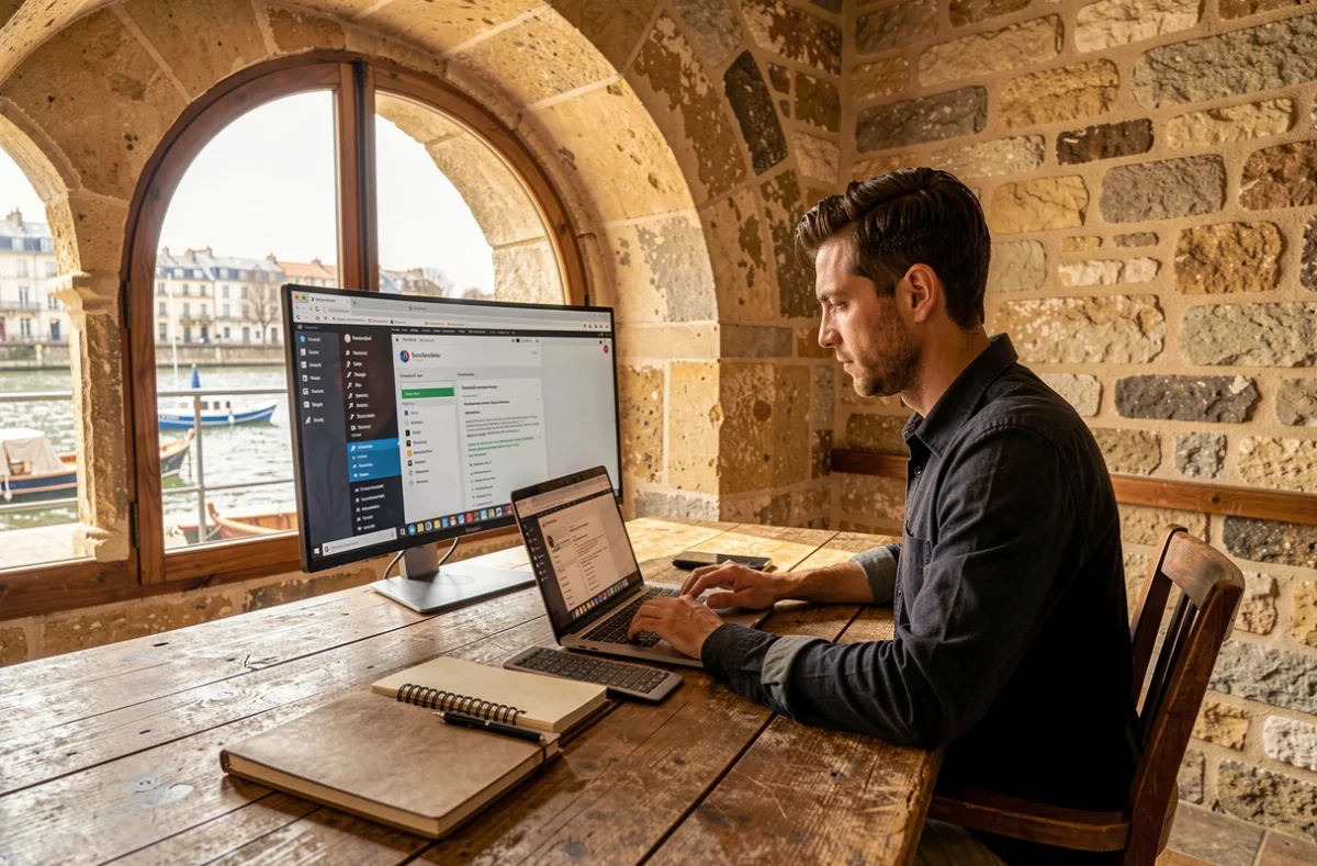 Consultant web de l'agence Xaltis à Saint-Mammès travaillant sur un site WordPress dans un bureau au charme historique avec vue sur la Seine