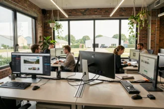 Équipe d'une agence web WordPress en Seine-et-Marne travaillant dans un espace de travail moderne avec des écrans affichant des maquettes de sites web