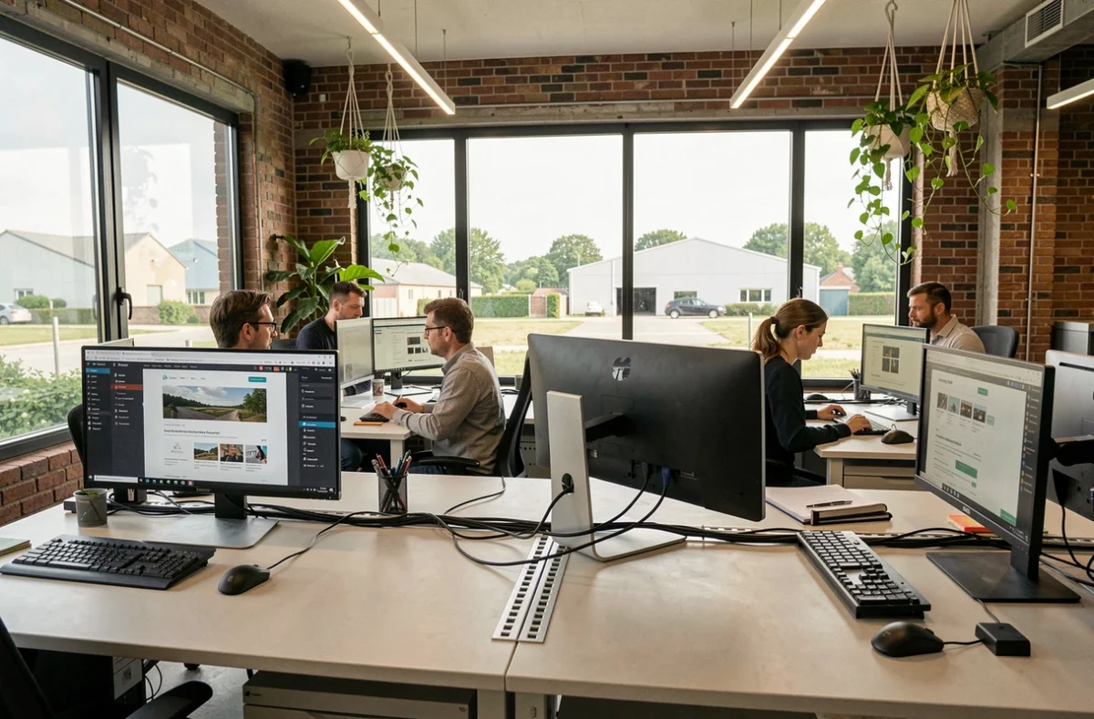 Équipe d'une agence web WordPress en Seine-et-Marne travaillant dans un espace de travail moderne avec des écrans affichant des maquettes de sites web