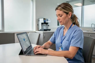 Agente AP-HP en blouse médicale consultant ses courriels Outlook sur un ordinateur portable dans une salle de pause hospitalière