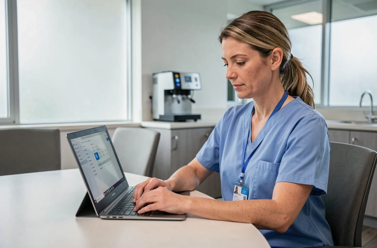Agente AP-HP en blouse médicale consultant ses courriels Outlook sur un ordinateur portable dans une salle de pause hospitalière