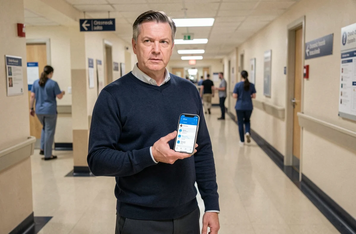Agent AP-HP en mobilité consultant sa messagerie Outlook sur smartphone dans un couloir d'hôpital