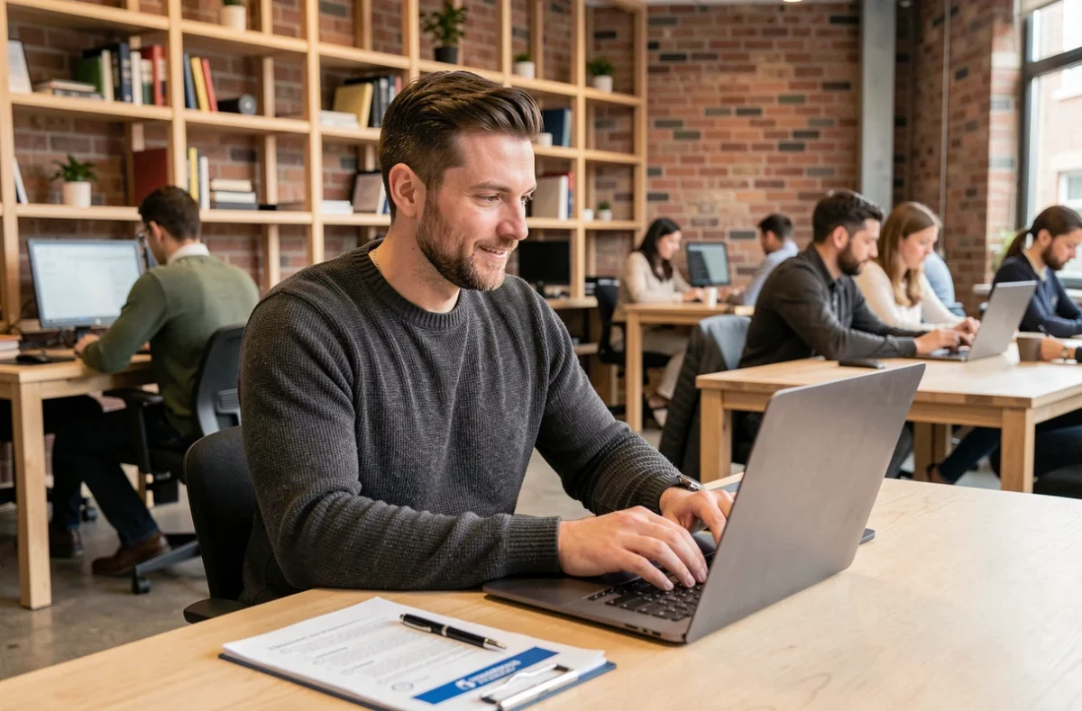 Agent se connectant à une plateforme professionnelle en ligne depuis un espace de coworking avec checklist papier