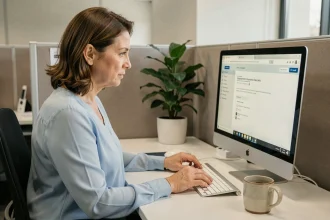 Agente utilisant le portail connect.e-mrs.fr sur un ordinateur de bureau dans un environnement de travail moderne