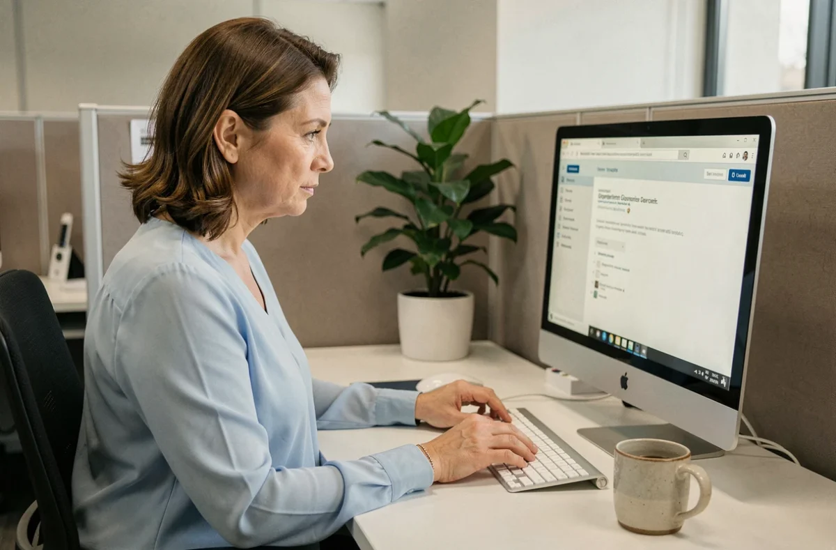 Agente utilisant le portail connect.e-mrs.fr sur un ordinateur de bureau dans un environnement de travail moderne