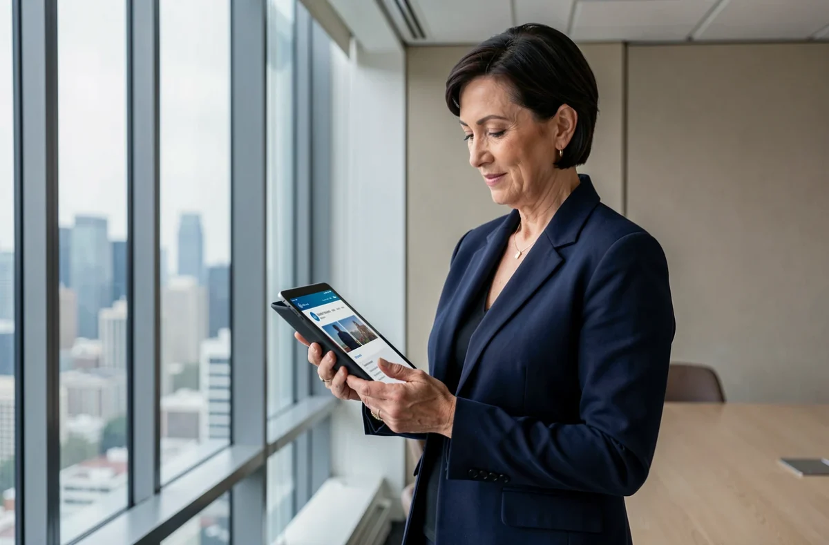 Agente expérimentée consultant le portail connect.e-mrs.fr sur tablette dans un bureau avec vue sur la ville