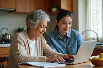 Une femme âgée apprend l'informatique avec l'aide d'une proche devant un ordinateur portable ouvert sur un cours PDF