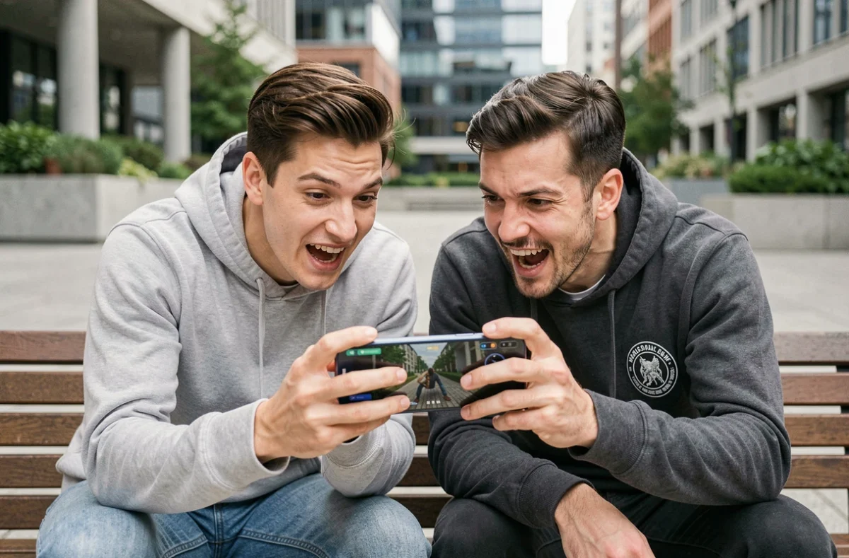 Deux amis adultes réagissant avec enthousiasme à un jeu compétitif sur Samsung Galaxy en plein air dans un environnement urbain