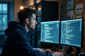 Analyste en cybersécurité examinant des logiciels malveillants sur un double écran dans un bureau sécurisé