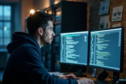 Analyste en cybersécurité examinant des logiciels malveillants sur un double écran dans un bureau sécurisé