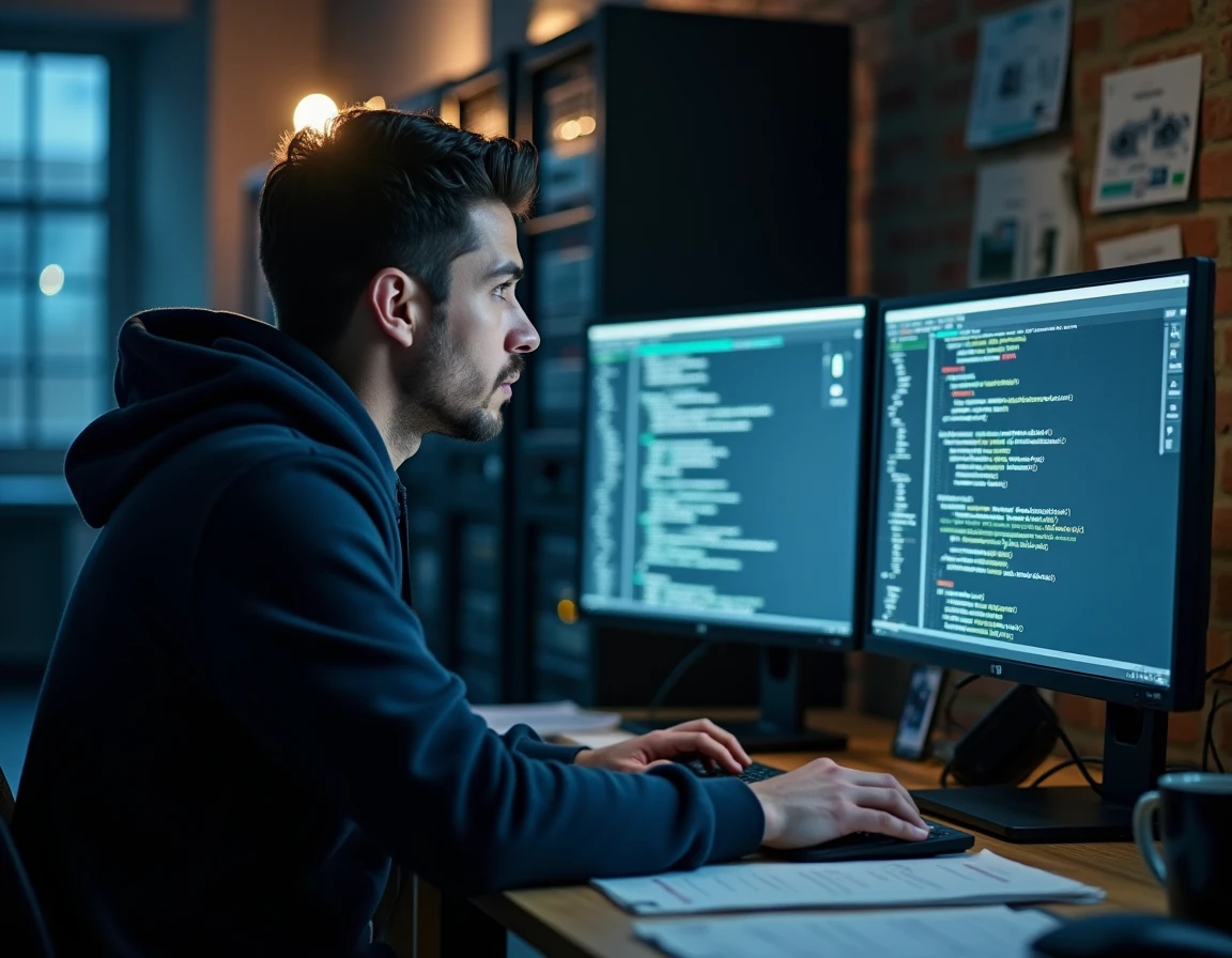 Analyste en cybersécurité examinant des logiciels malveillants sur un double écran dans un bureau sécurisé
