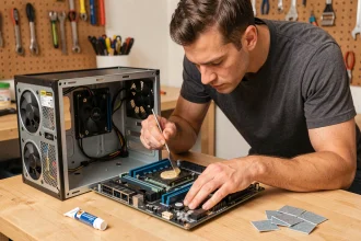 Technicien appliquant de la pâte thermique sur un processeur pour stabiliser la température d'un PC gaming