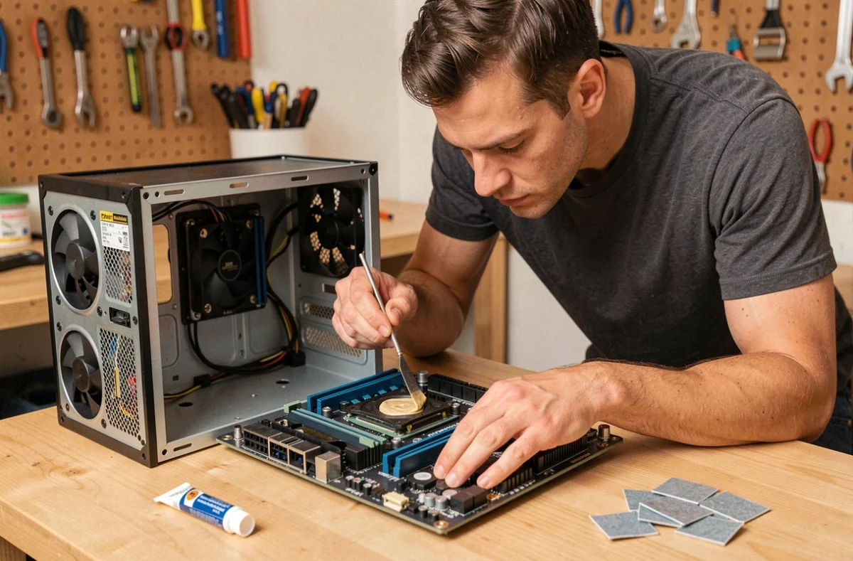 Technicien appliquant de la pâte thermique sur un processeur pour stabiliser la température d'un PC gaming
