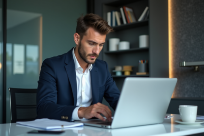 Auditeur informatique homme concentré au bureau moderne