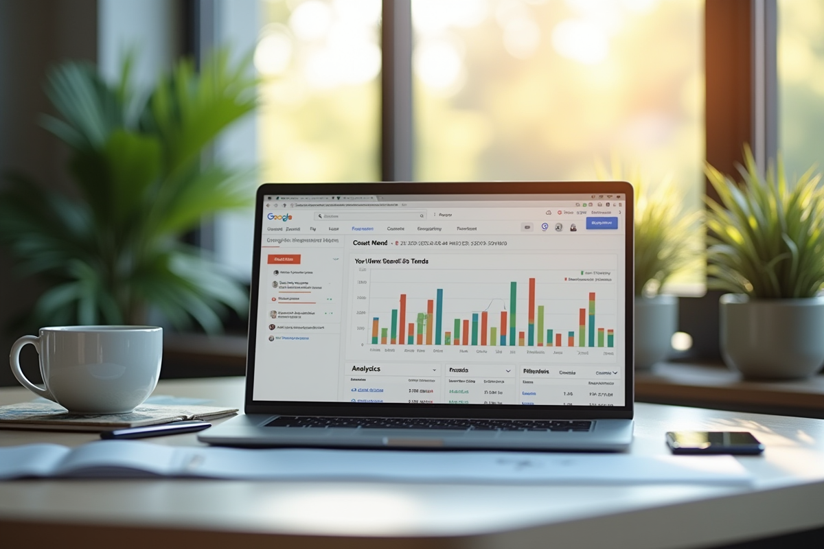 Bureau moderne avec ordinateur affichant tendances Google
