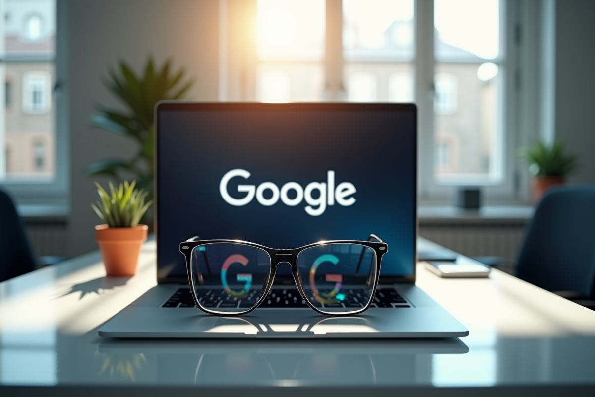 Bureau moderne avec ordinateur et logo Google reflet dans des lunettes