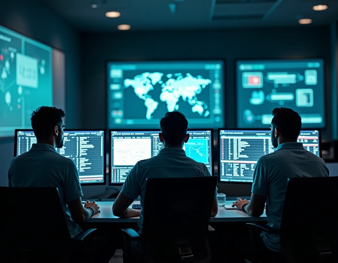 Équipe d'experts en cybersécurité surveillant des catégories de malwares dans un centre opérationnel
