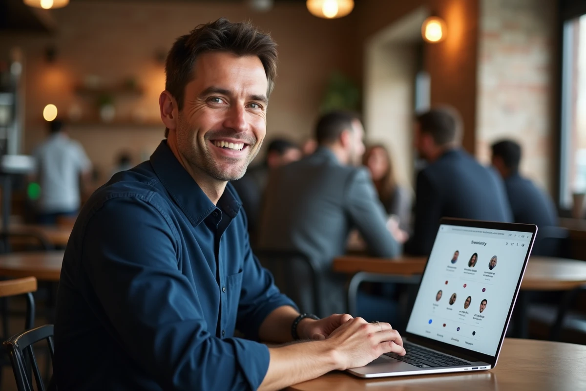 Homme utilisant le sélecteur de comptes Google sur un ordinateur portable dans un café urbain