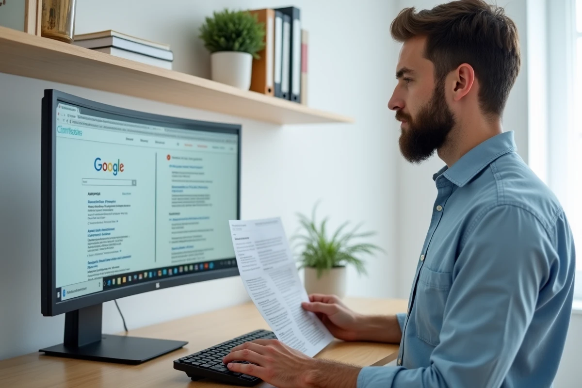 Chercheur comparant des résultats de recherche américains sur un grand écran dans un bureau à domicile moderne