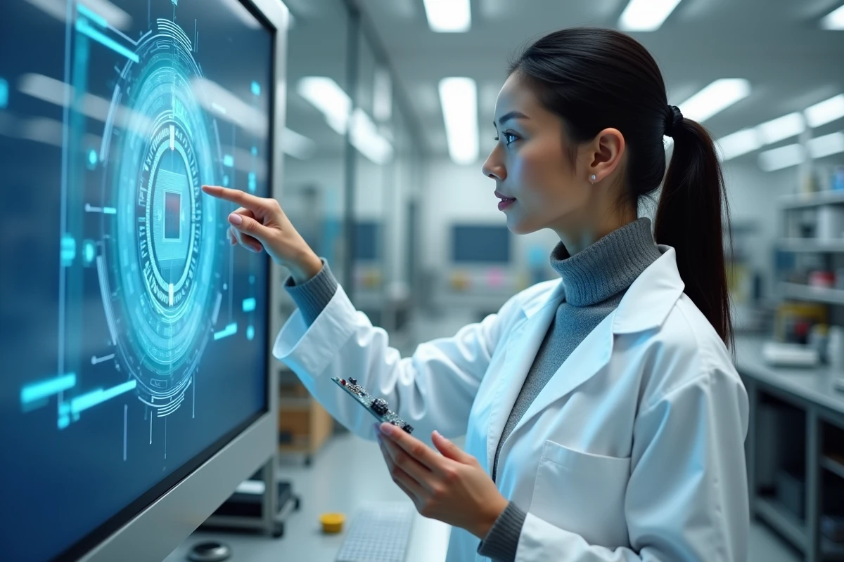 Chercheuse en laboratoire présentant une carte de circuit imprimé devant un écran de microscopie électronique