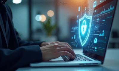 Mains tapant sur un clavier avec un hologramme de bouclier pour la protection des données
