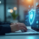 Mains tapant sur un clavier avec un hologramme de bouclier pour la protection des données