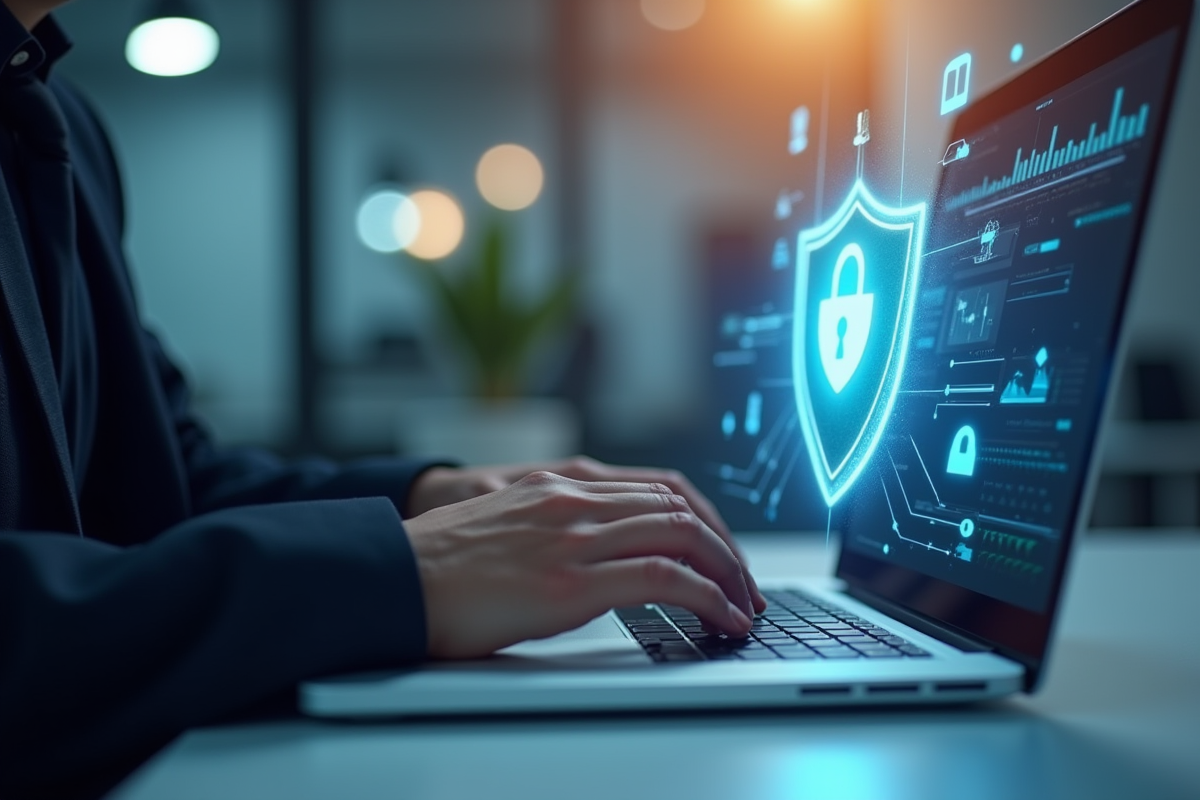Mains tapant sur un clavier avec un hologramme de bouclier pour la protection des données