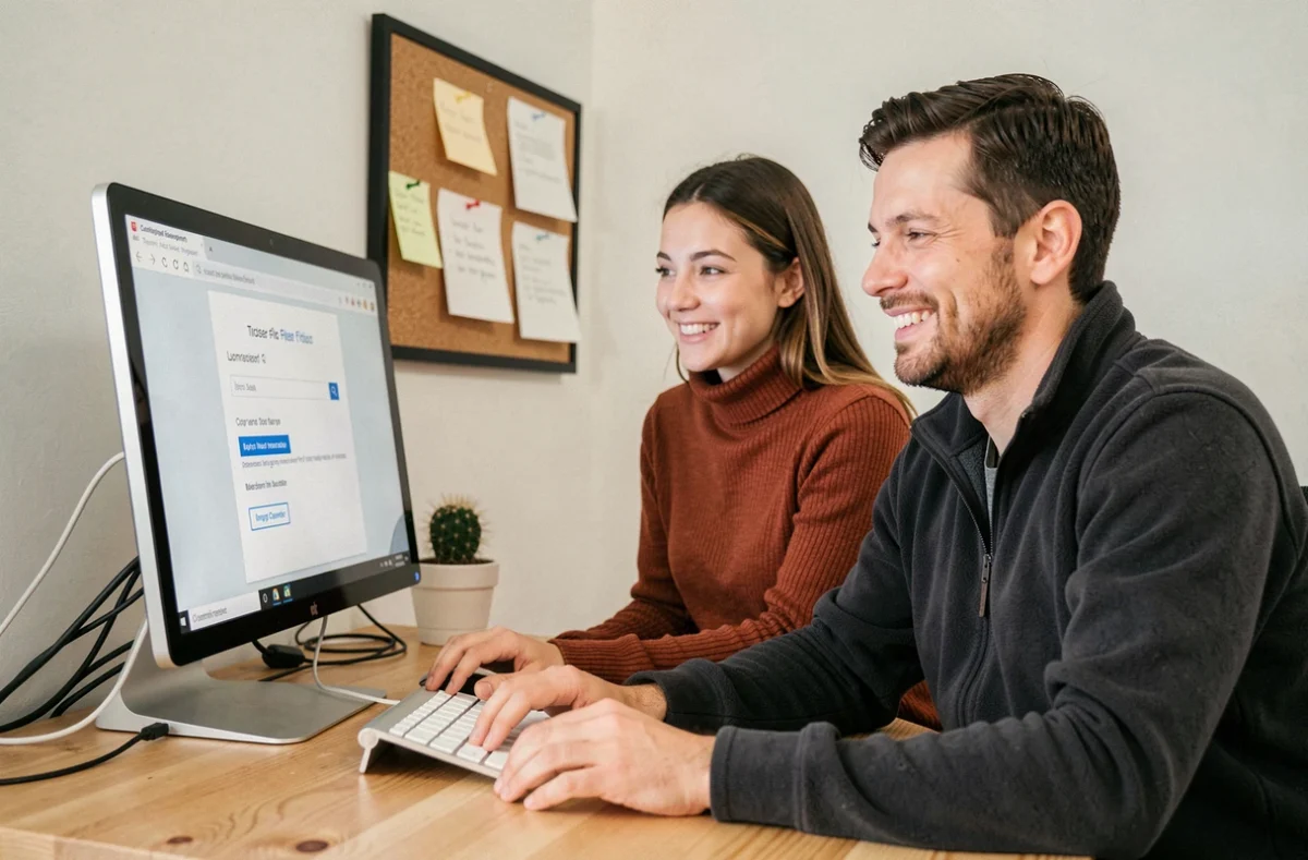 Deux collaborateurs de petite entreprise validant un transfert de fichiers réussi sur leur bureau partagé