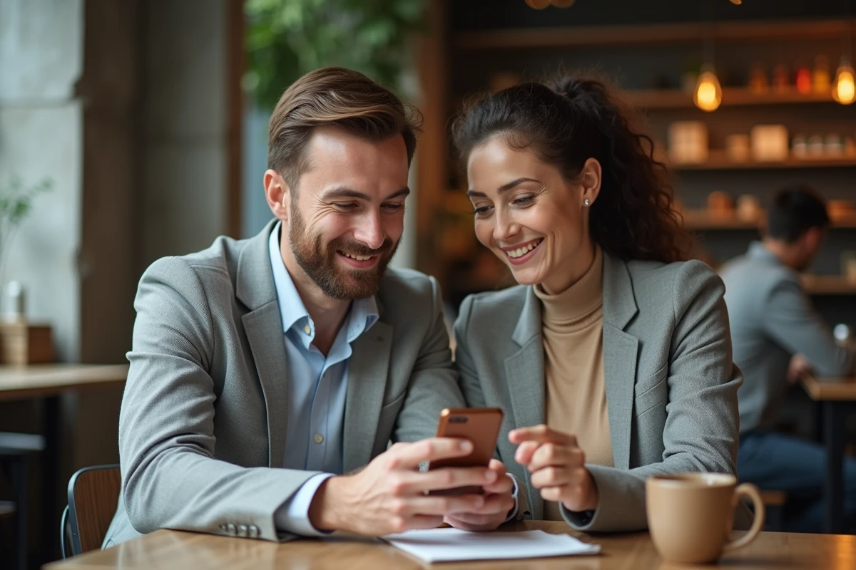 Deux collègues en réunion informelle au café discutant d'un message WhatsApp surligné sur smartphone