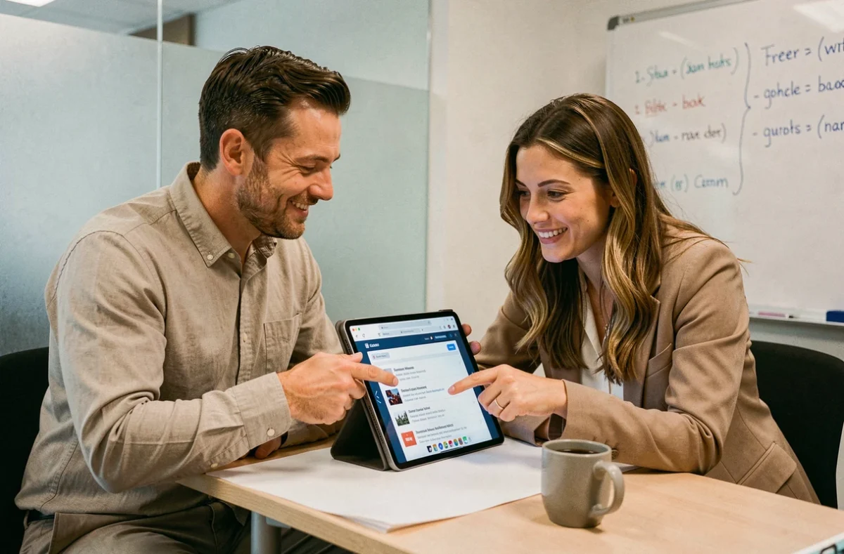 Deux collègues consultant un gestionnaire de favoris sur une tablette pour retrouver un site web
